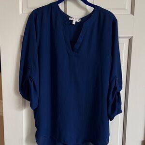 Chaus Navy Split V-Neck Roll-Tab Sleeve Tunic